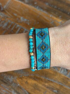 Handmade turquoise crystal beaded leather bracelet and miyuki bracelet set